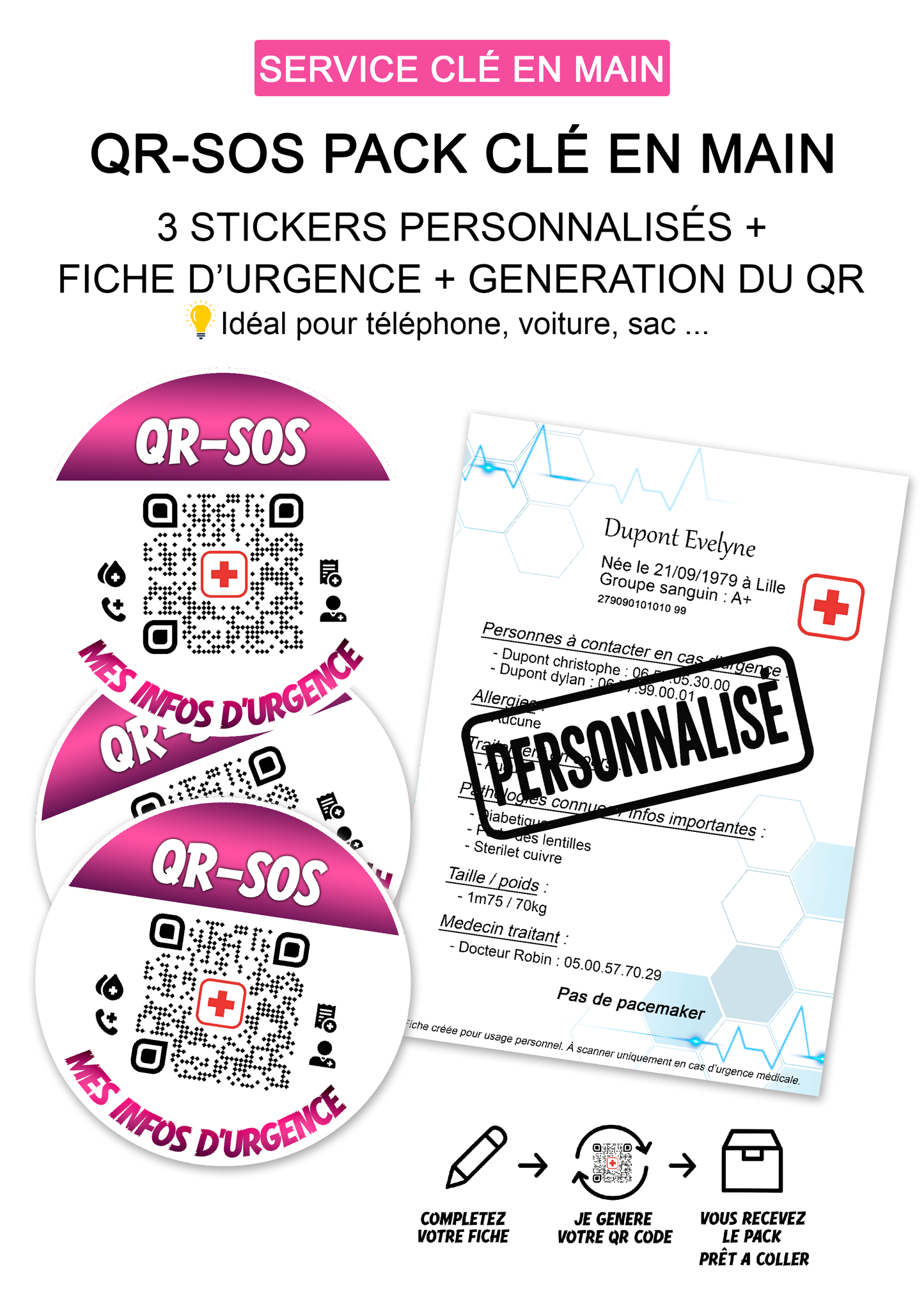 QR-SOS - 3 stickers personnalisés + fiche d’urgence + génération du QR