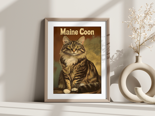 Affiche race de chat vintage – Illustration murale rétro – Maine Coon, Abyssin, Bengale, Sacré de Birmanie