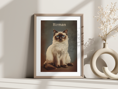 Affiche race de chat vintage – Illustration murale rétro – Maine Coon, Abyssin, Bengale, Sacré de Birmanie