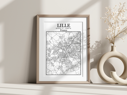 Affiche Plan de Lille – Carte minimaliste noir & blanc