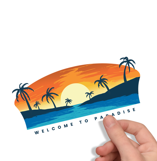 Sticker “Welcome to Paradise” – Ambiance tropicale & coucher de soleil